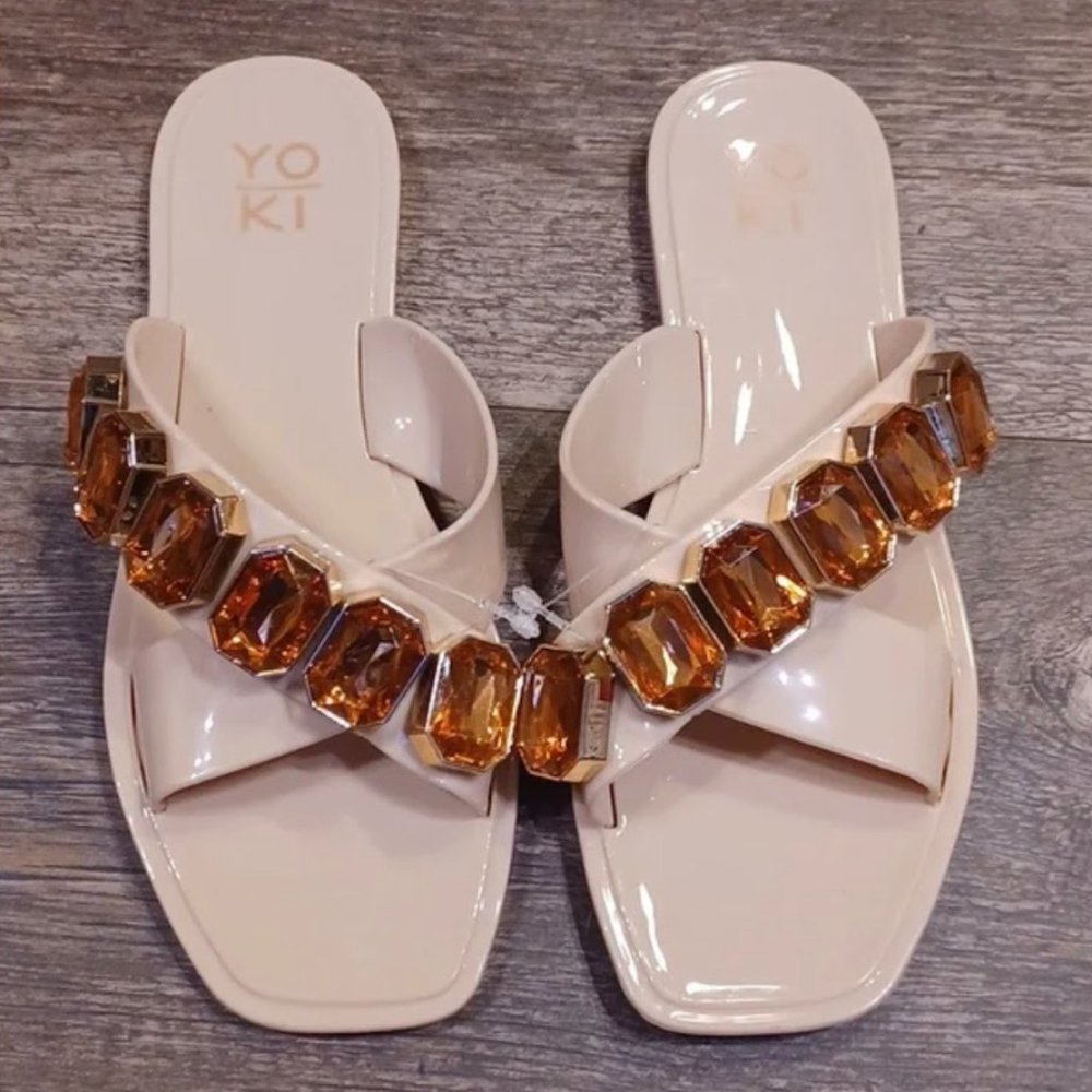 Yoki Beige Flat Burnt Orange Large Stone Jewel Strap Slide Sandals Women's 8